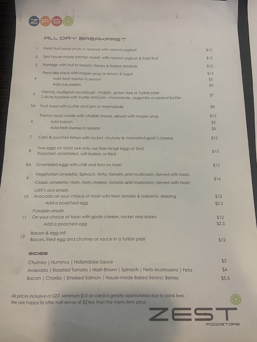 Zest in Food menu board
