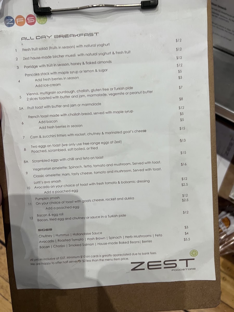 Zest in Food menu board