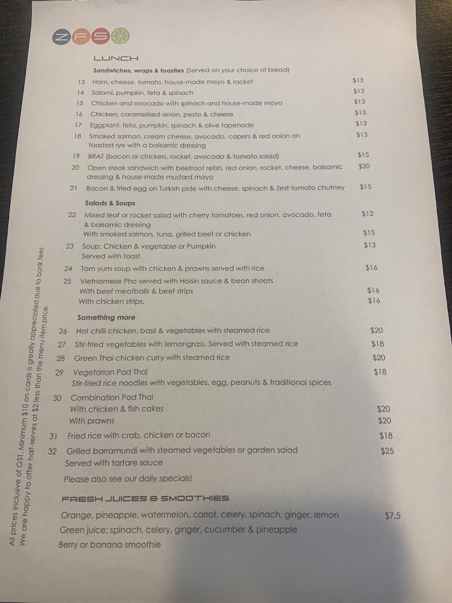 Zest in Food menu board