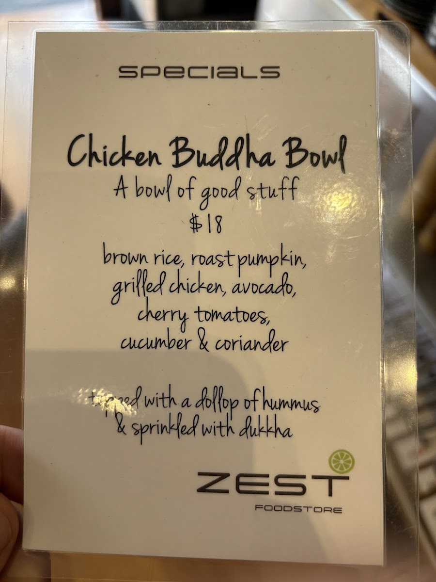 Zest in Food menu board