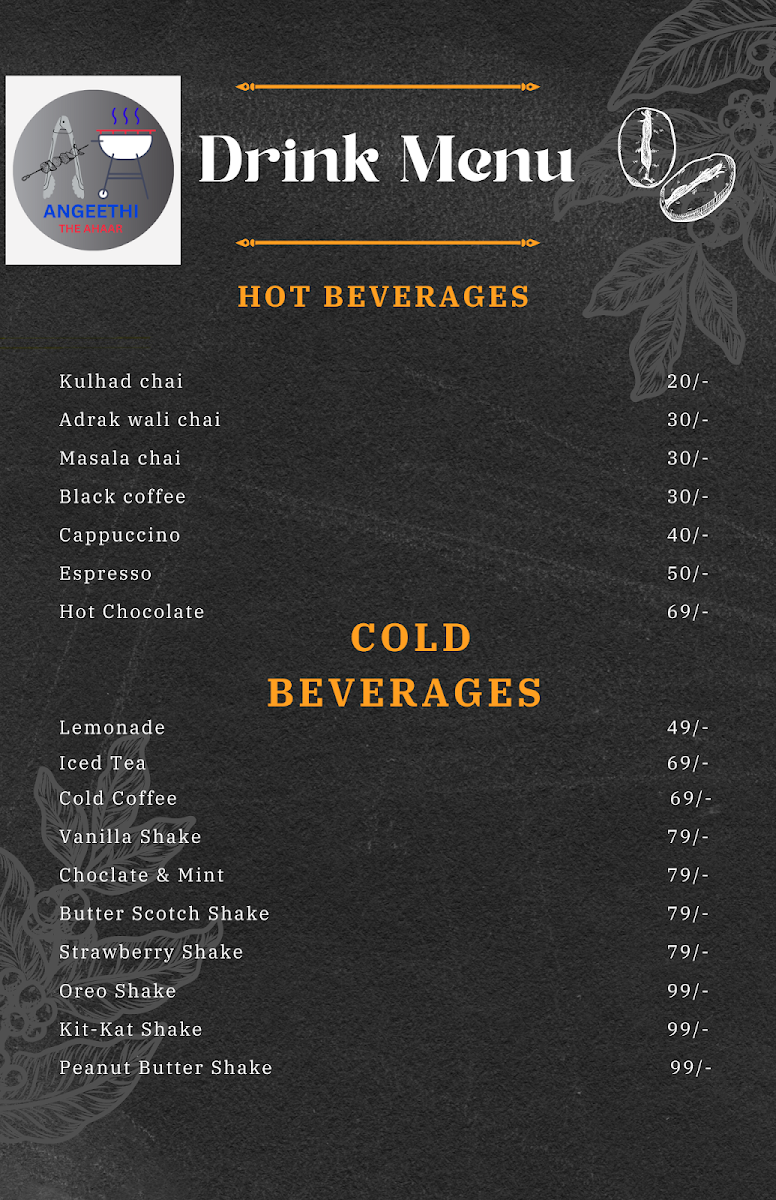 ANGEETHI THE RESTAURANT menu board