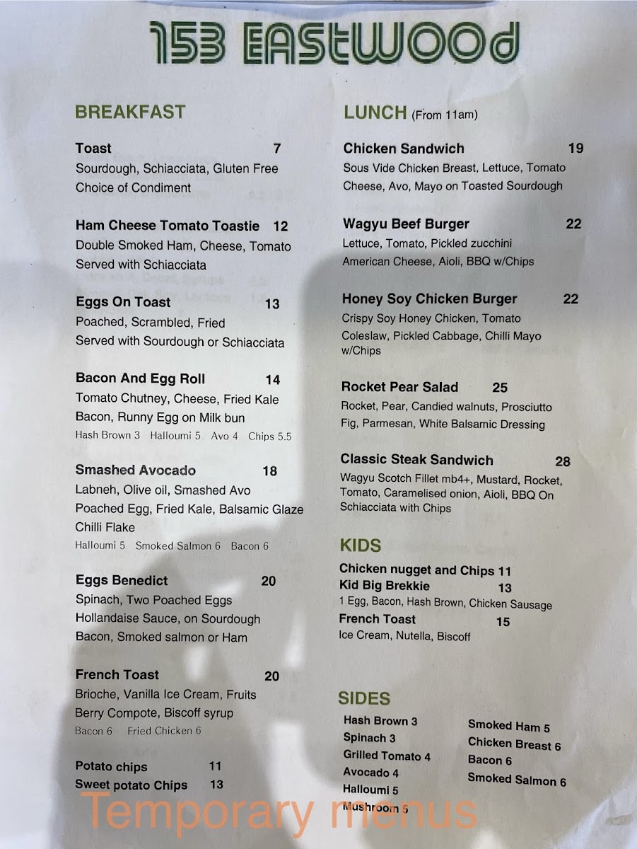 153 EASTWOOD menu board