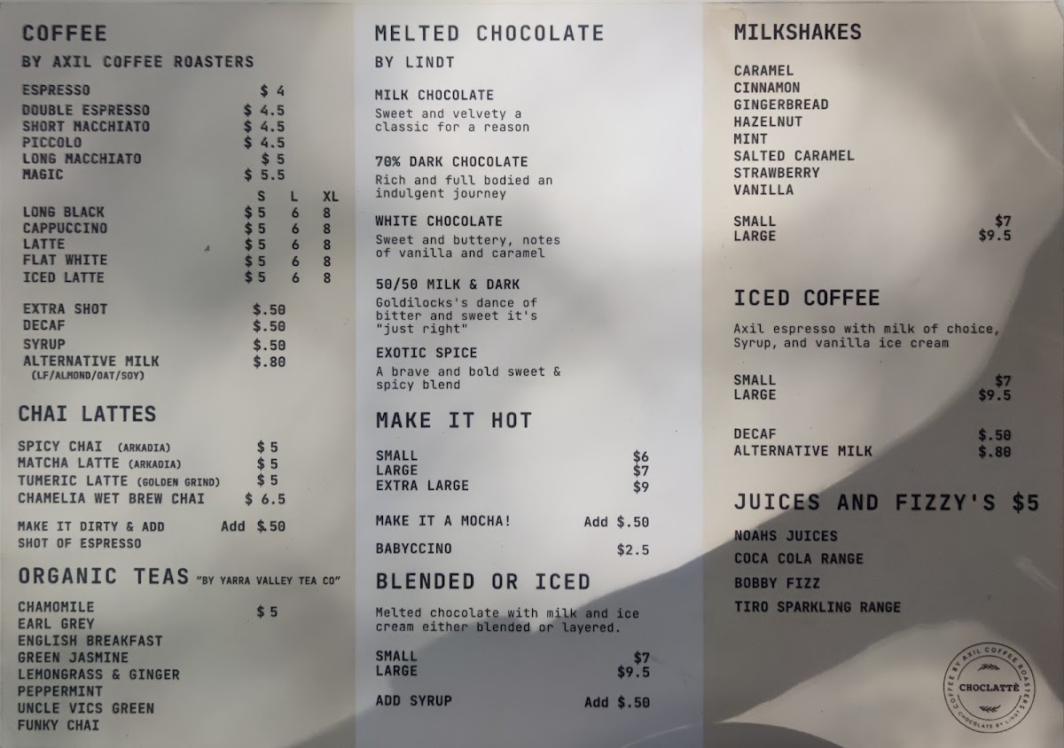 Choclatte menu board