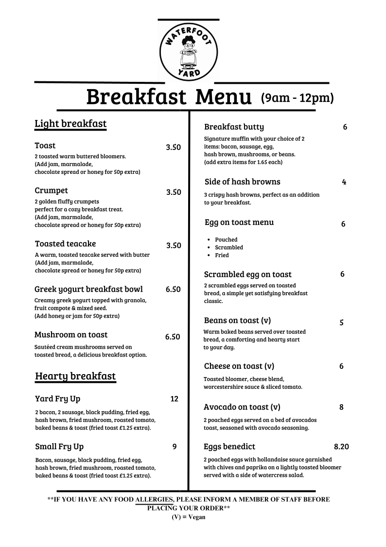 Waterfoot Yard Cafe Shop menu board