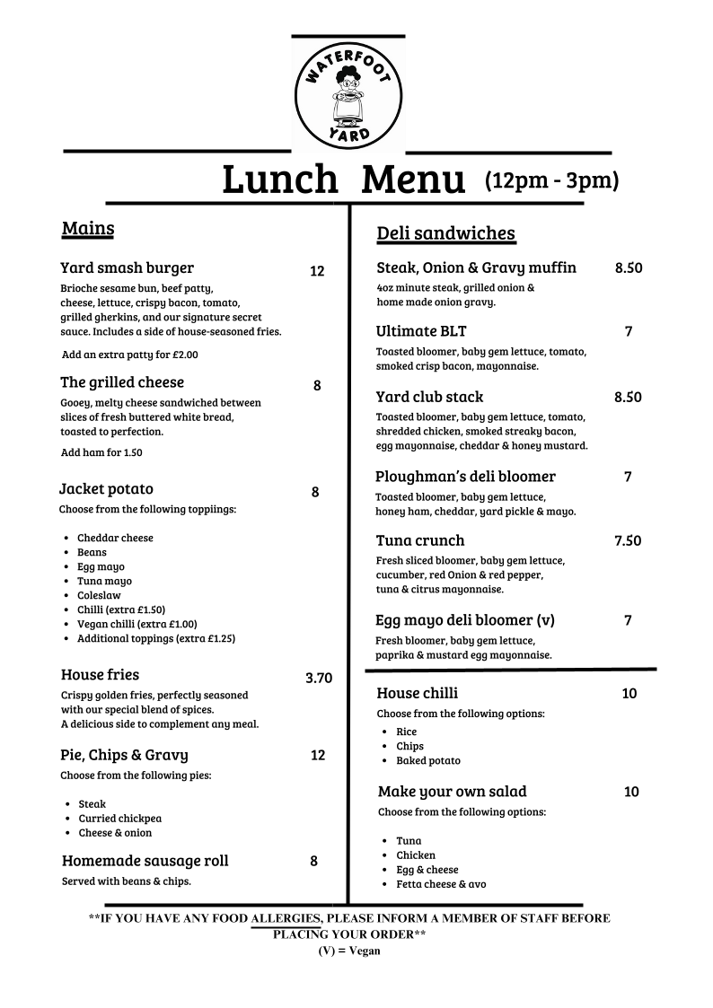 Waterfoot Yard Cafe Shop menu board