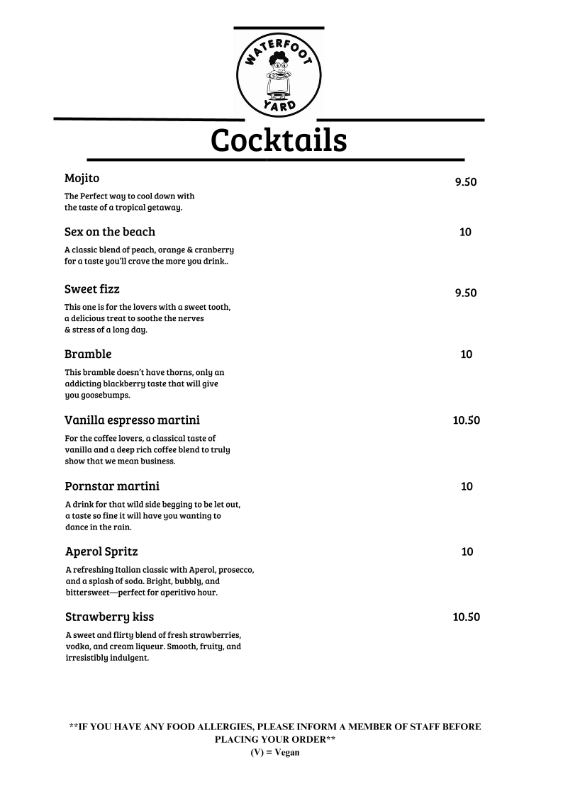 Waterfoot Yard Cafe Shop menu board