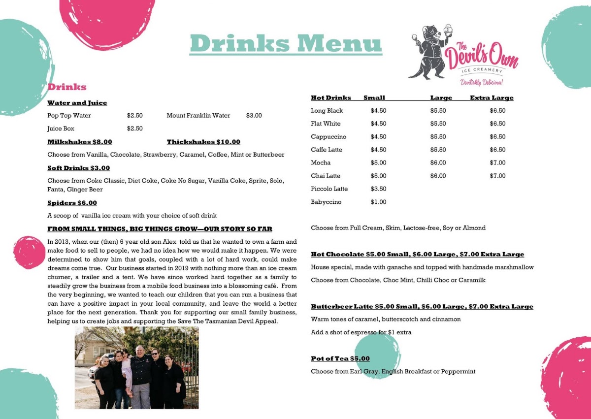 The Devil's Own Ice Creamery menu board
