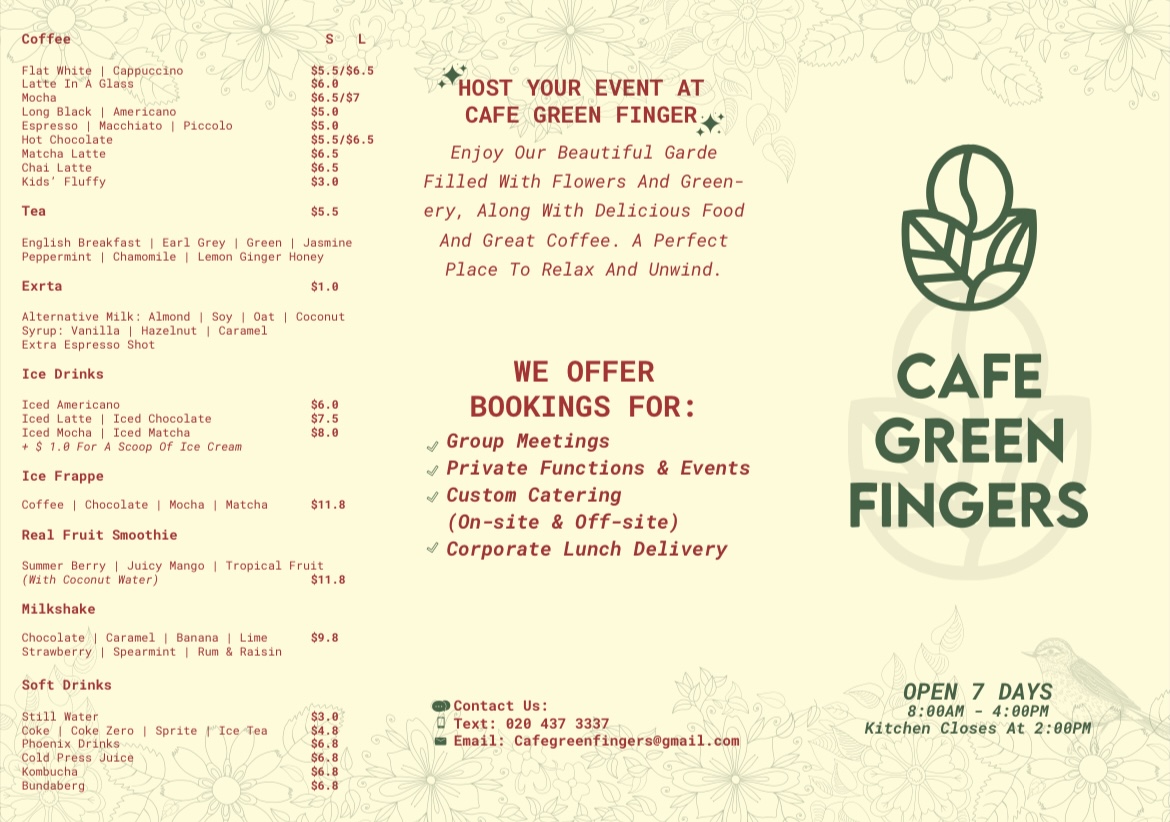 Cafe Greenfingers menu board