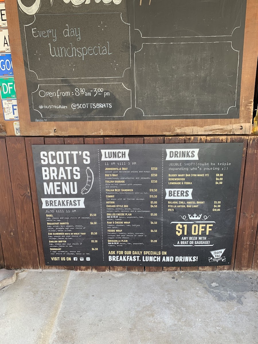 Scott's Brats menu board