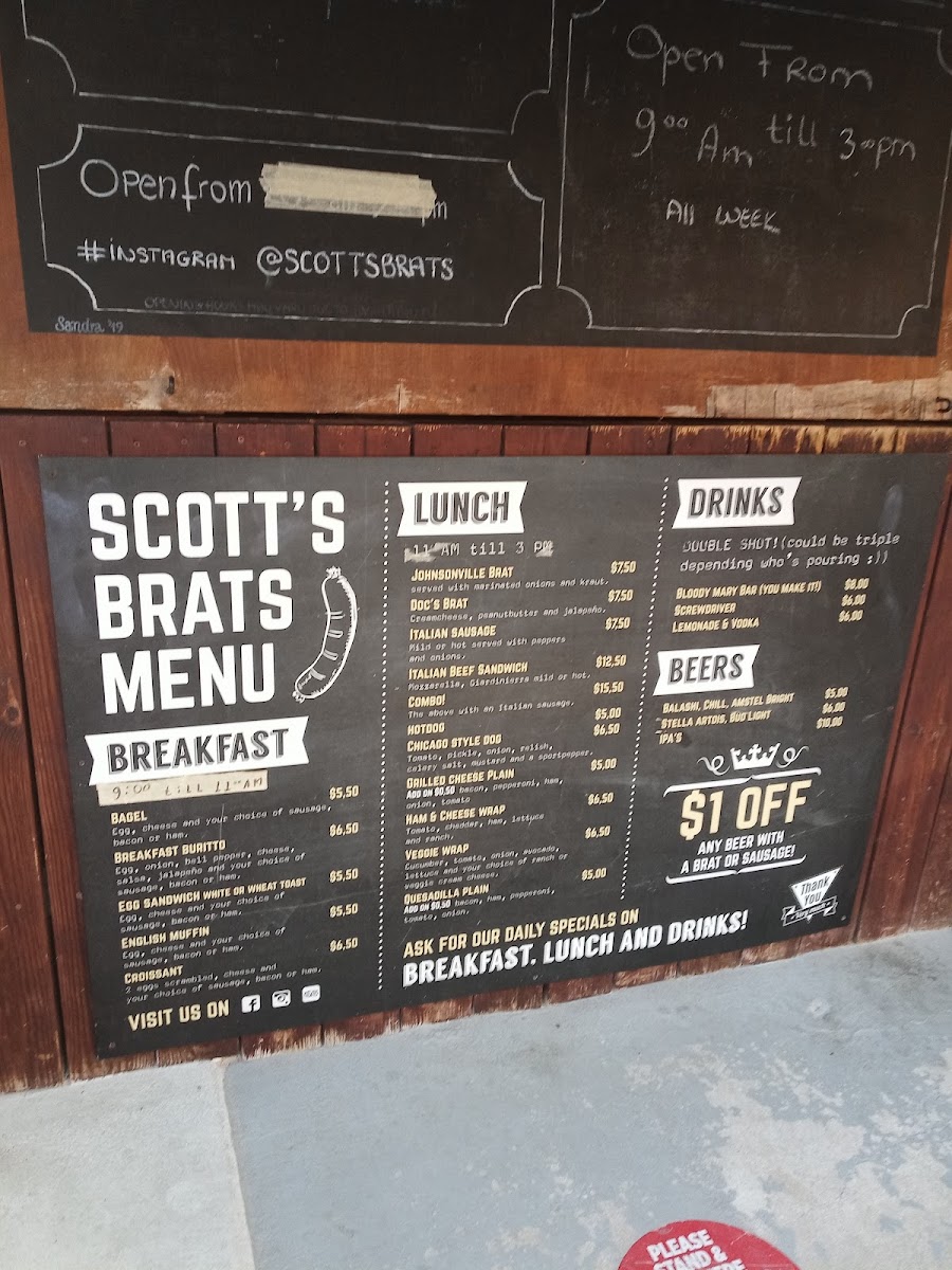 Scott's Brats menu board
