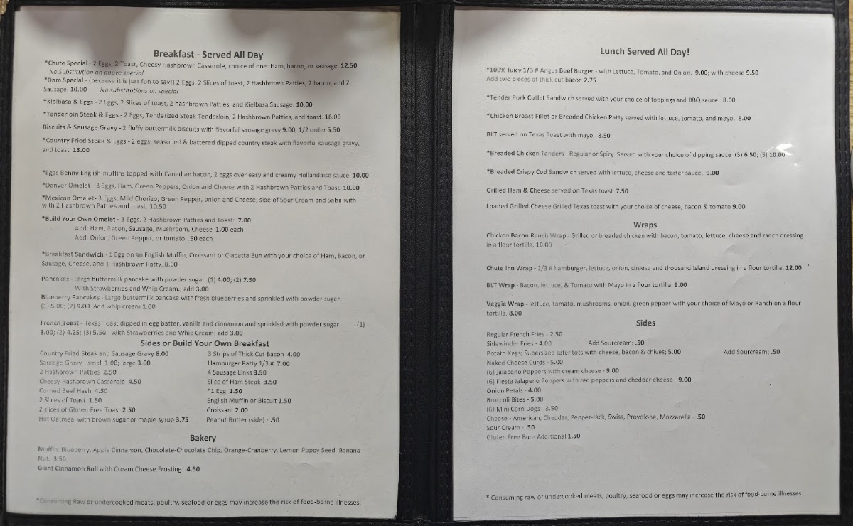 Schleicher's Chute Inn LLC menu board