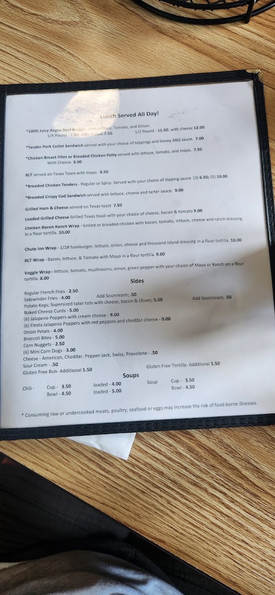 Schleicher's Chute Inn LLC menu board
