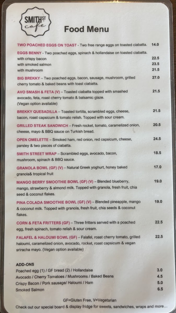 Smith Street Cafe menu board