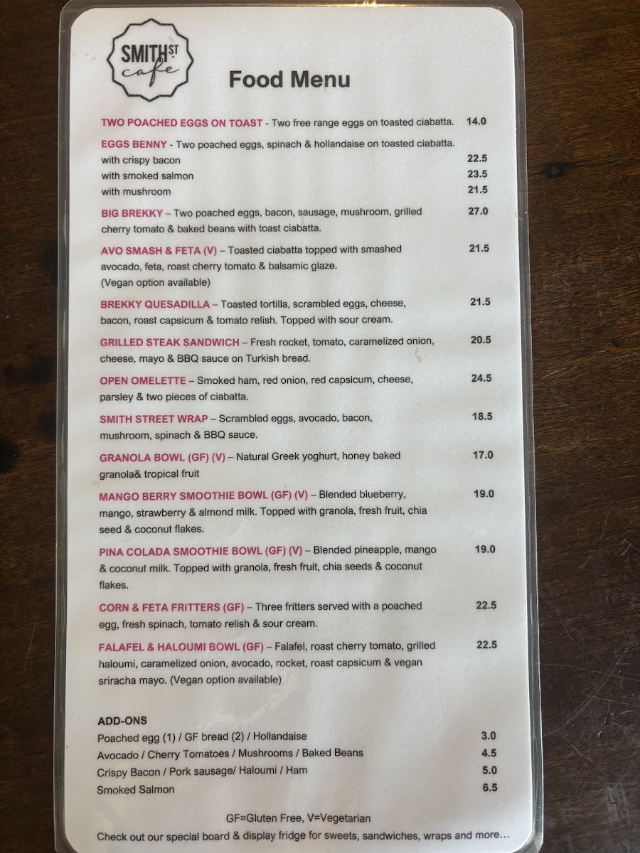 Smith Street Cafe menu board