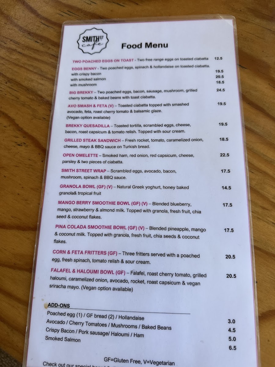 Smith Street Cafe menu board