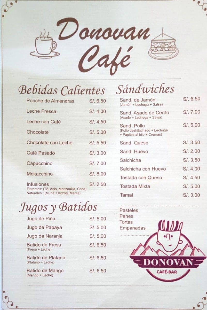 Donovan Café Bar menu board