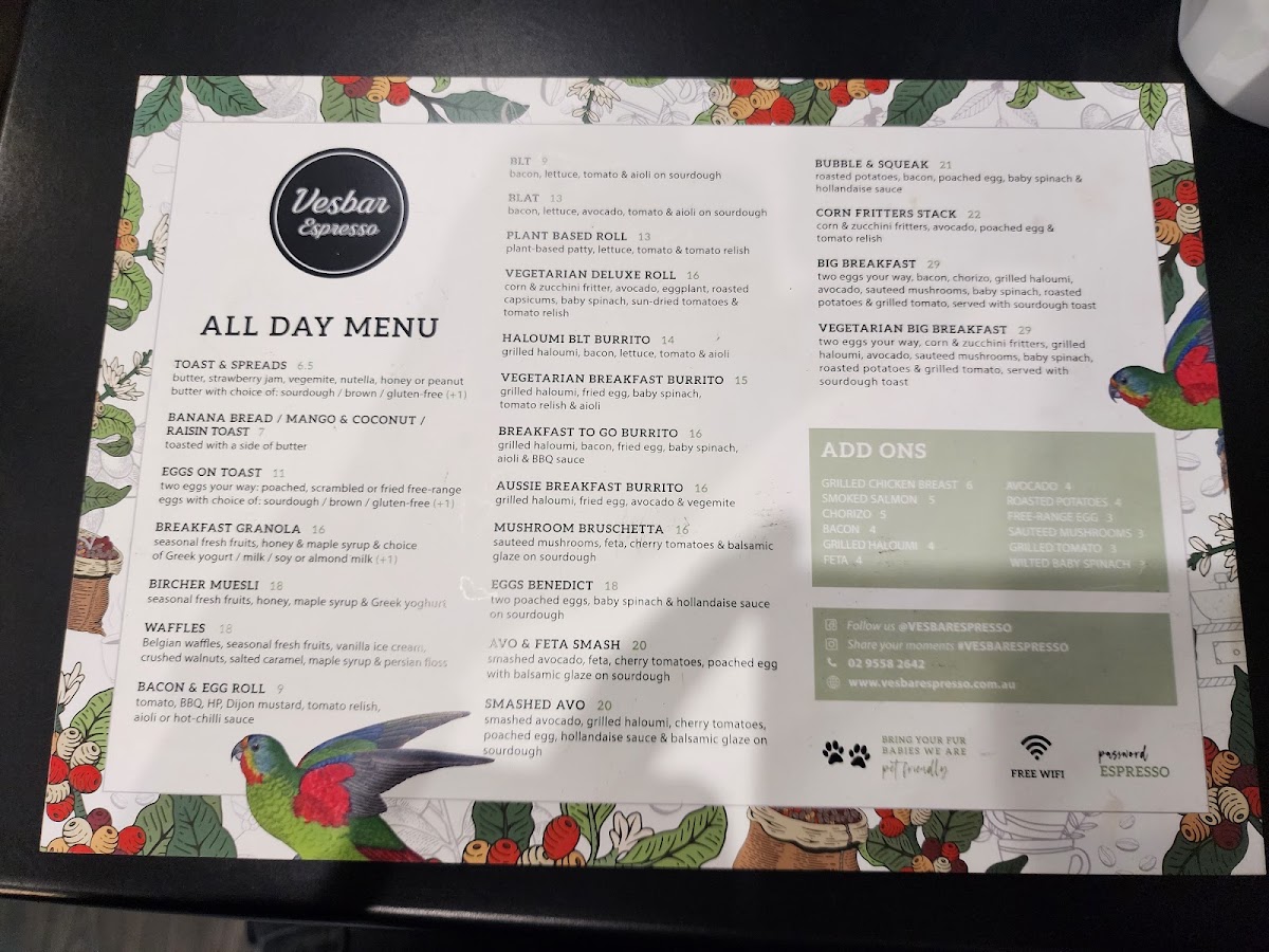 Vesbar Espresso Marrickville menu board