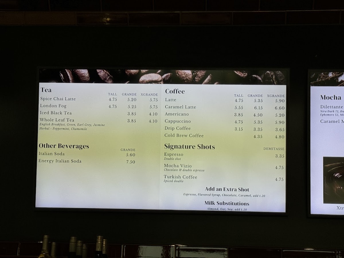 Dilettante Mocha Café at Plaza Center menu board