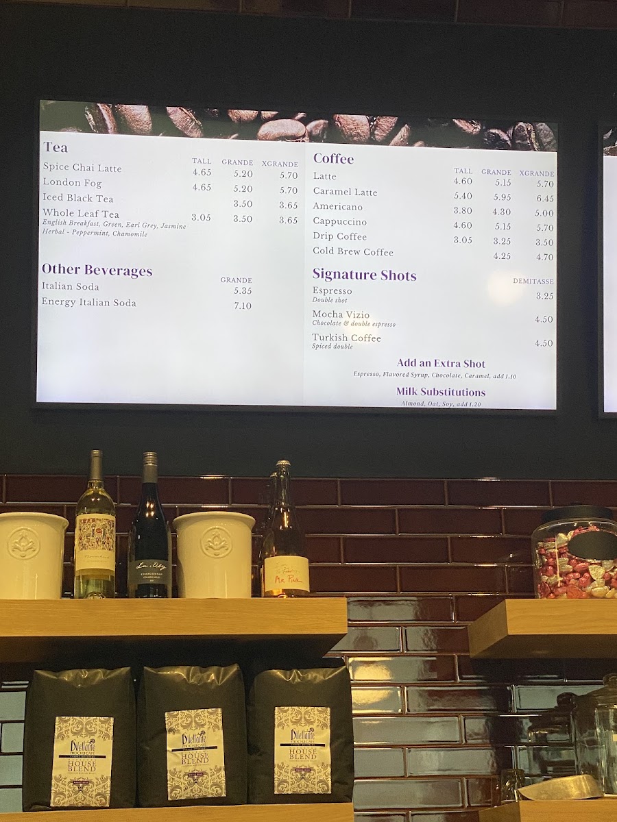Dilettante Mocha Café at Plaza Center menu board