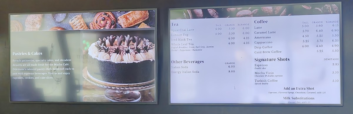 Dilettante Mocha Café at Plaza Center menu board