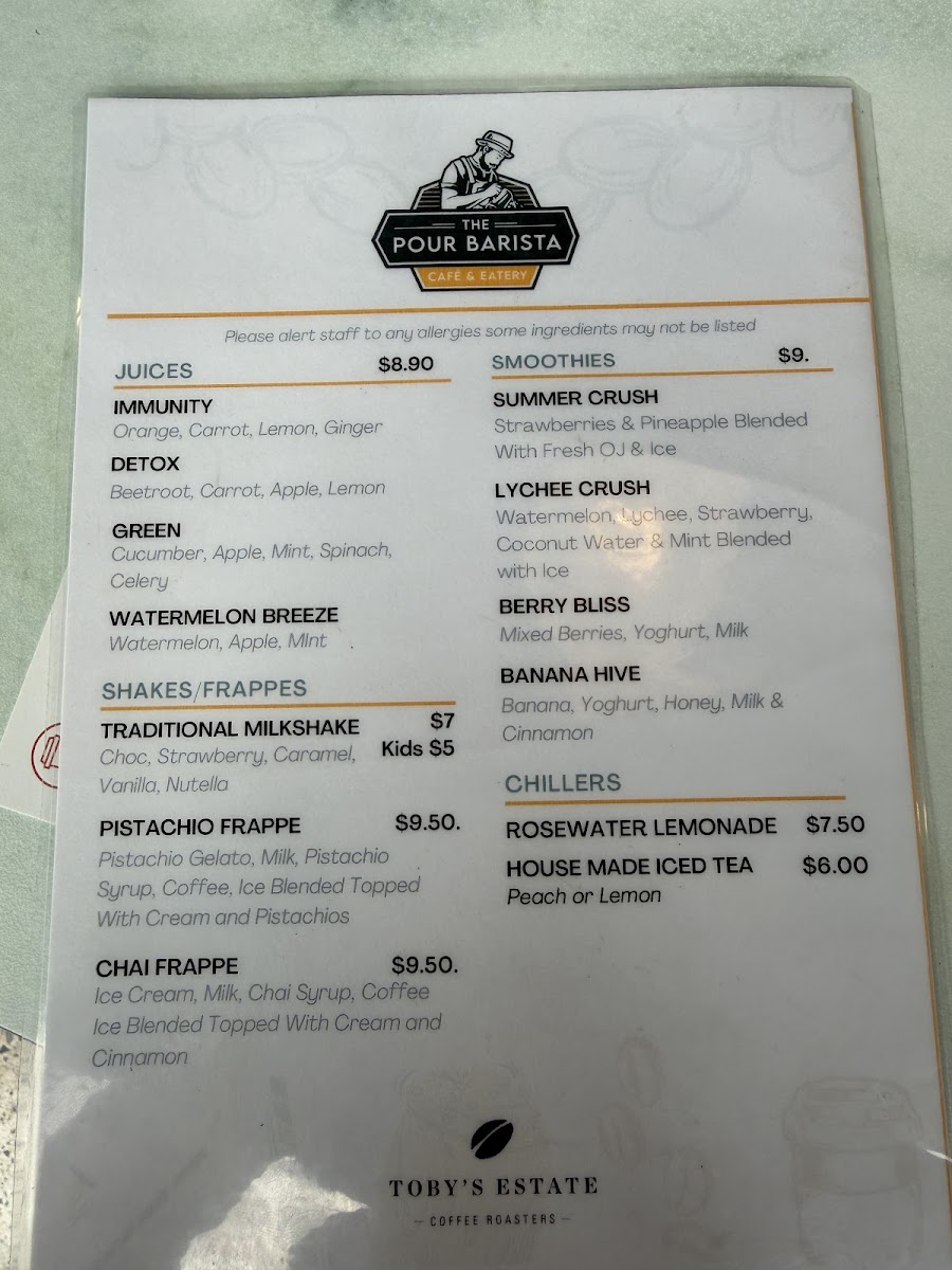 The Pour Barista Cafe Marrickville menu board