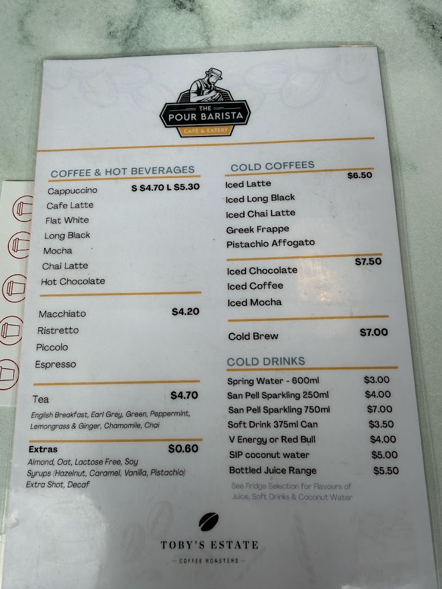 The Pour Barista Cafe Marrickville menu board