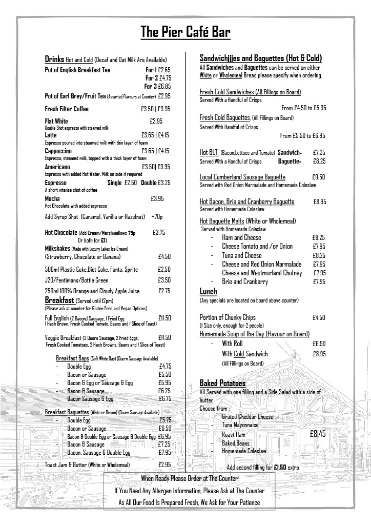 The Pier Cafe Bar menu board