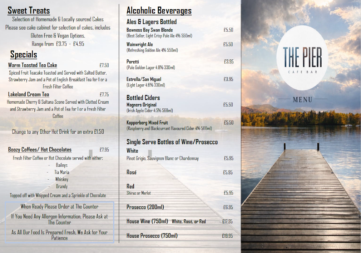 The Pier Cafe Bar menu board