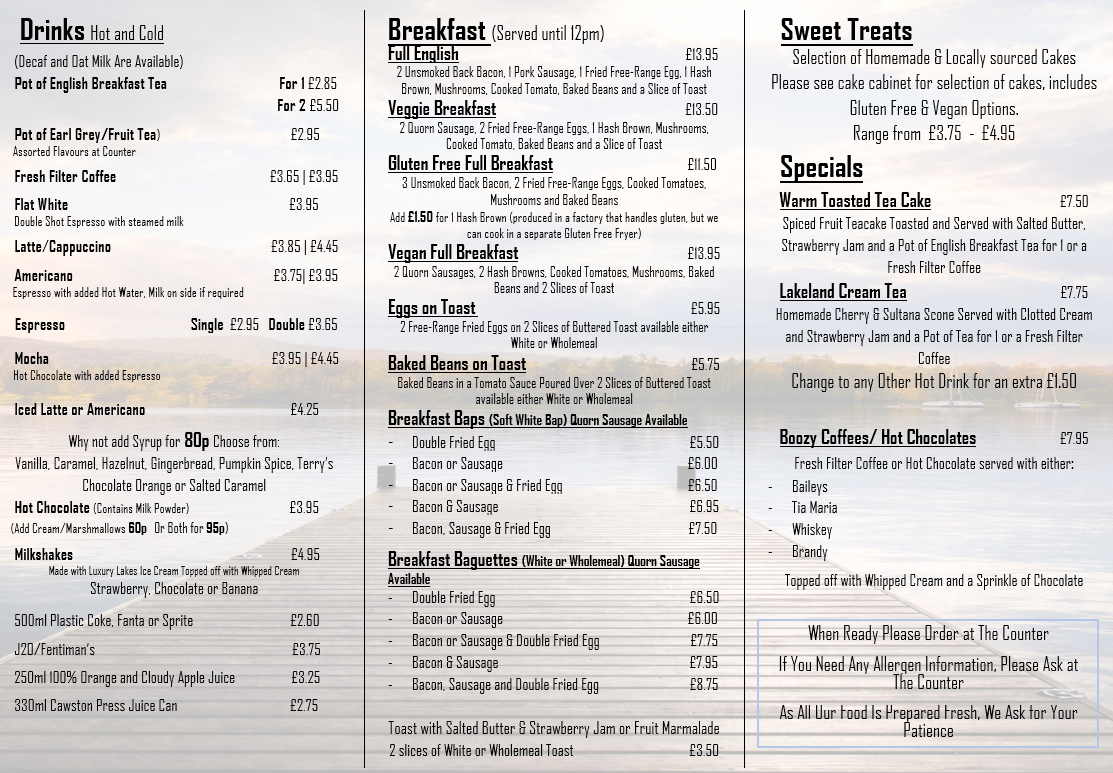 The Pier Cafe Bar menu board