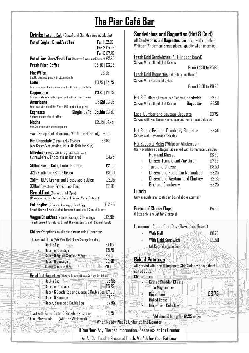 The Pier Cafe Bar menu board
