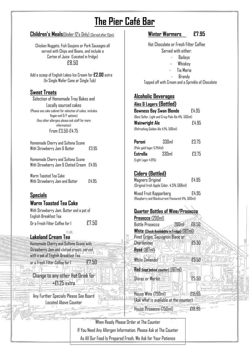 The Pier Cafe Bar menu board