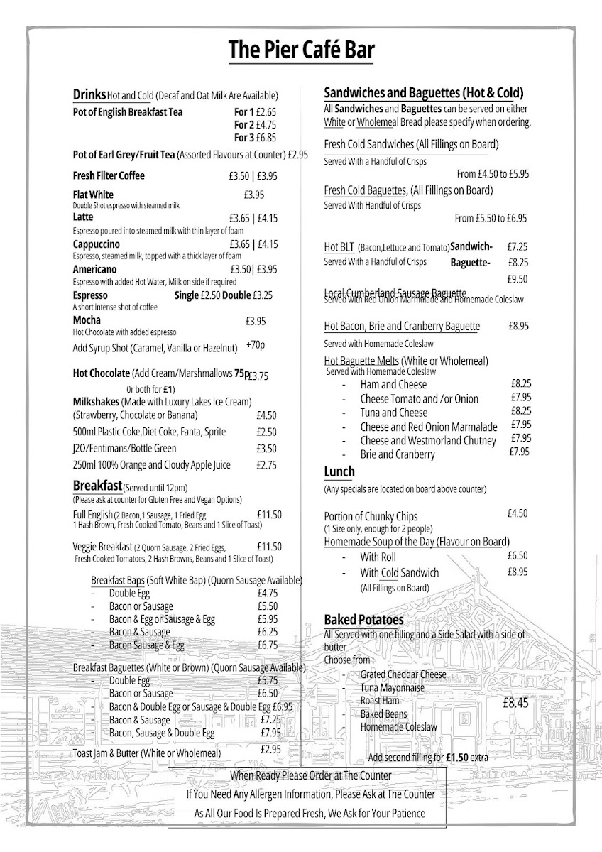 The Pier Cafe Bar menu board