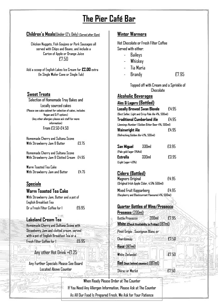 The Pier Cafe Bar menu board