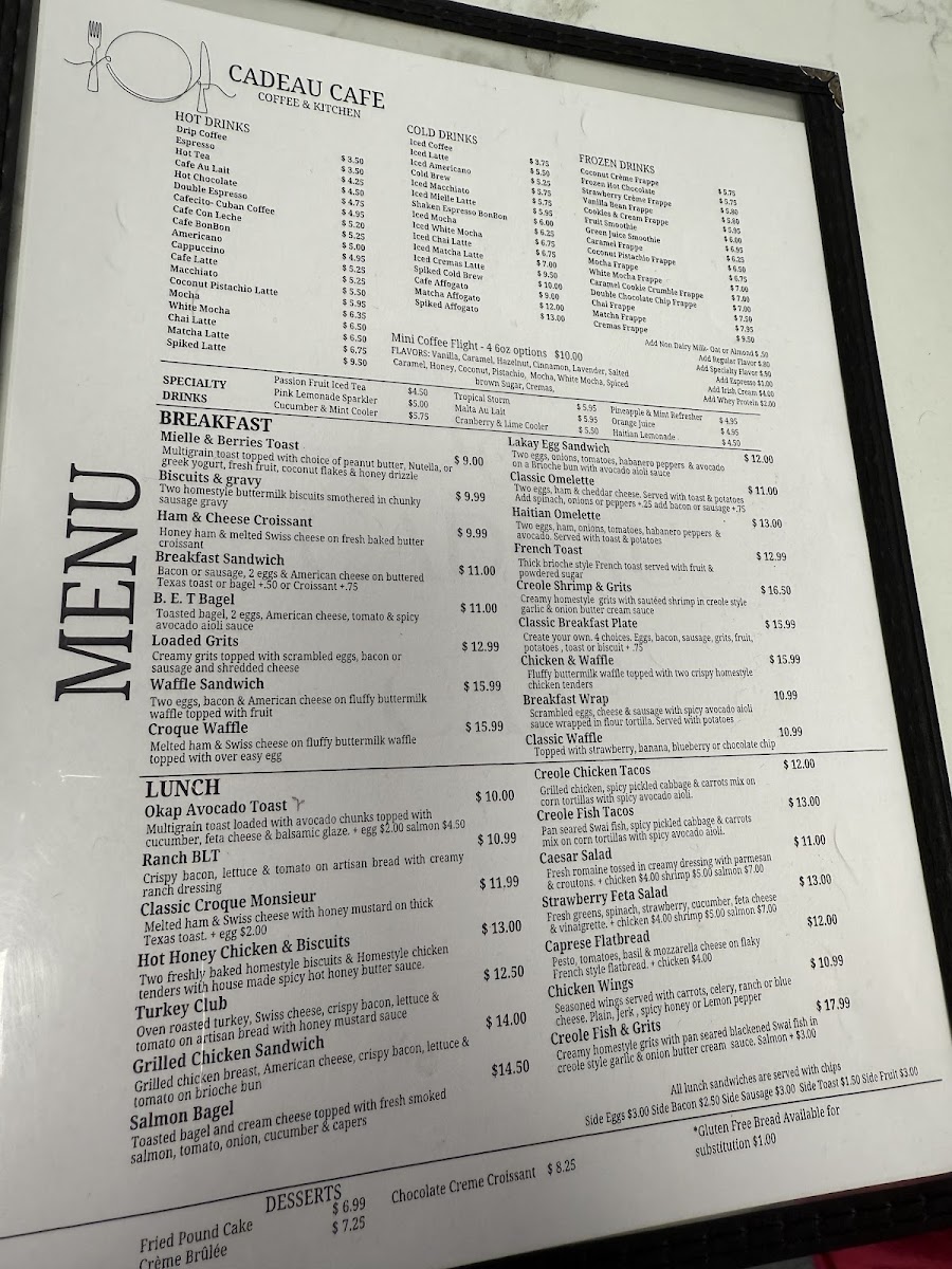 Cadeau Cafe menu board