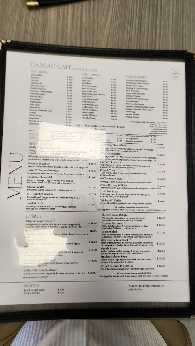Cadeau Cafe menu board