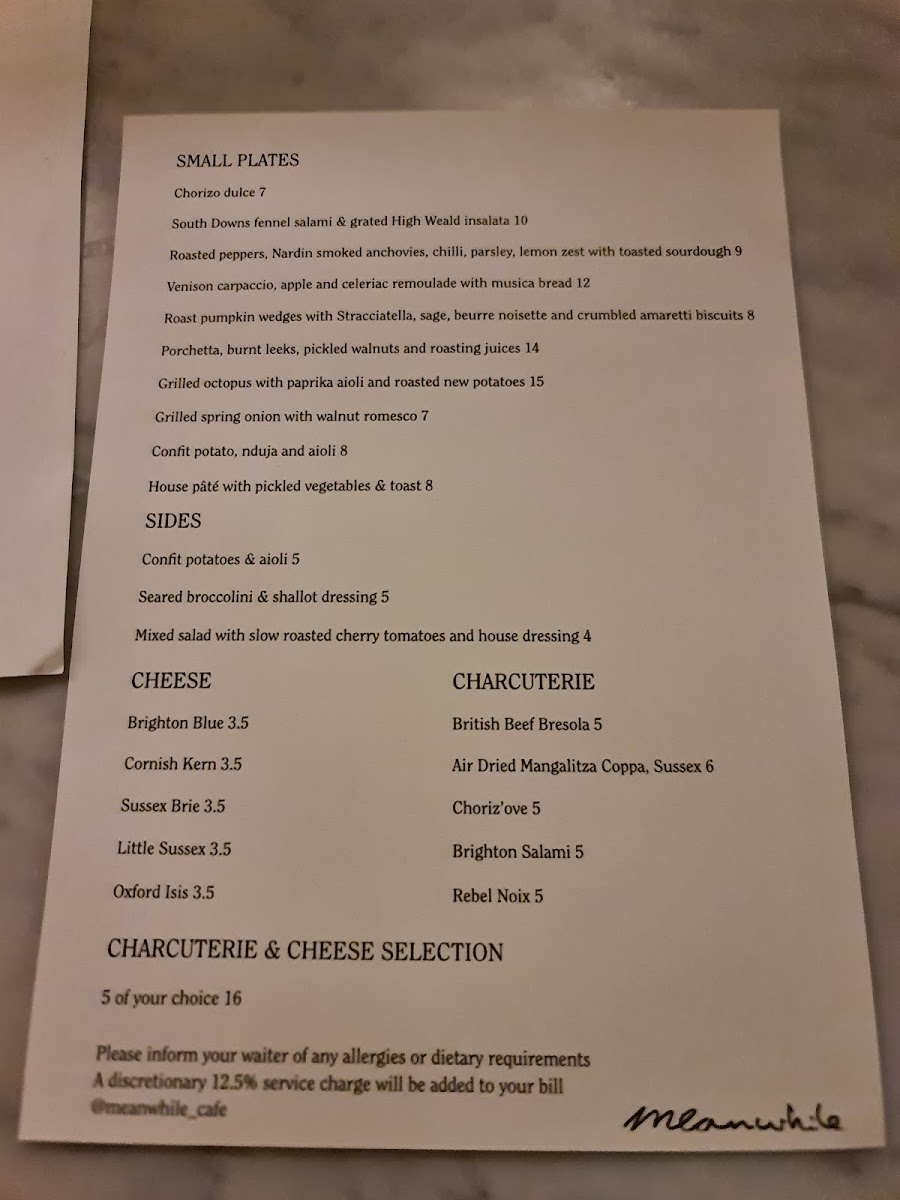 Meanwhile menu board
