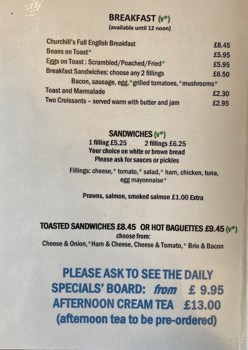 Churchill's Cafe and Restaurant menu board