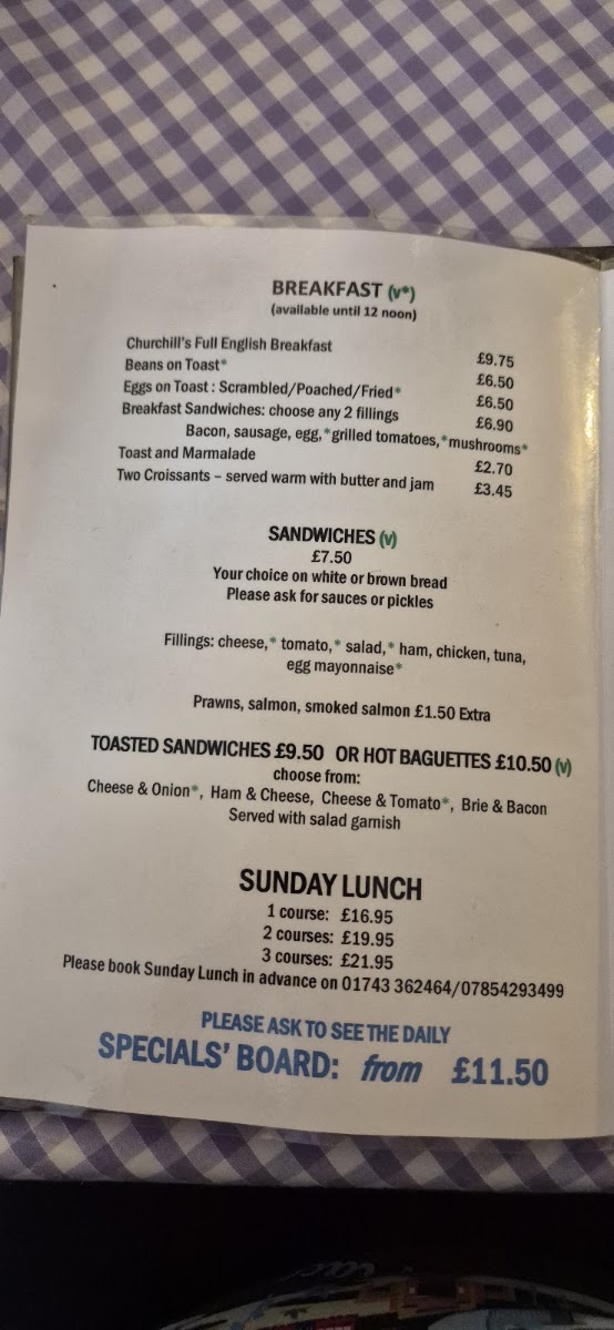 Churchill's Cafe and Restaurant menu board
