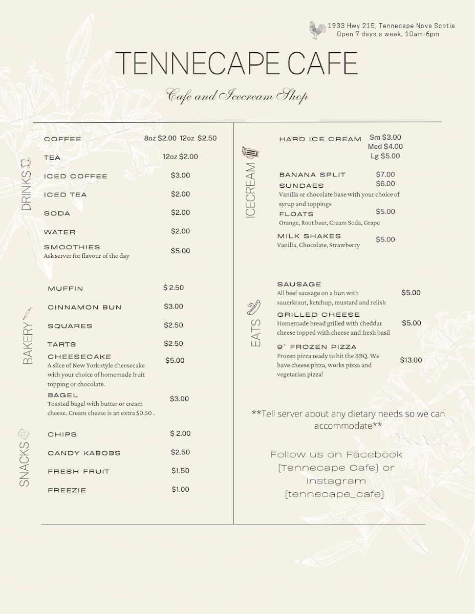 Tennecape Cafe menu board