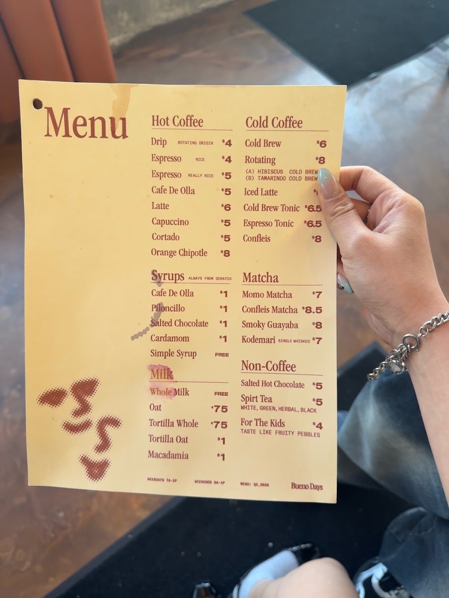Bueno Days Coffee menu board