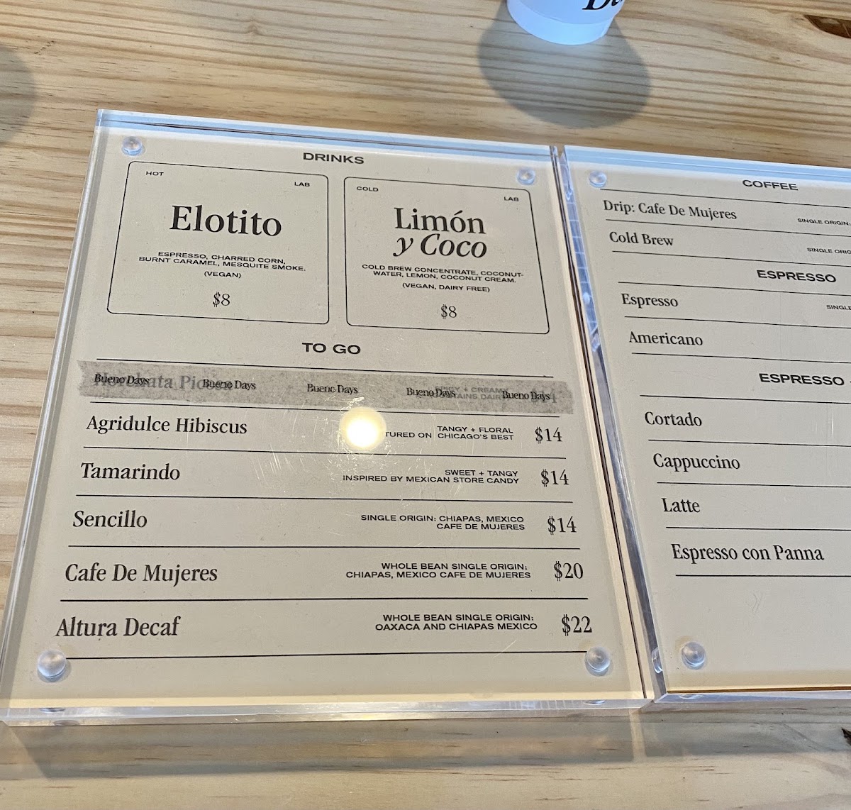 Bueno Days Coffee menu board
