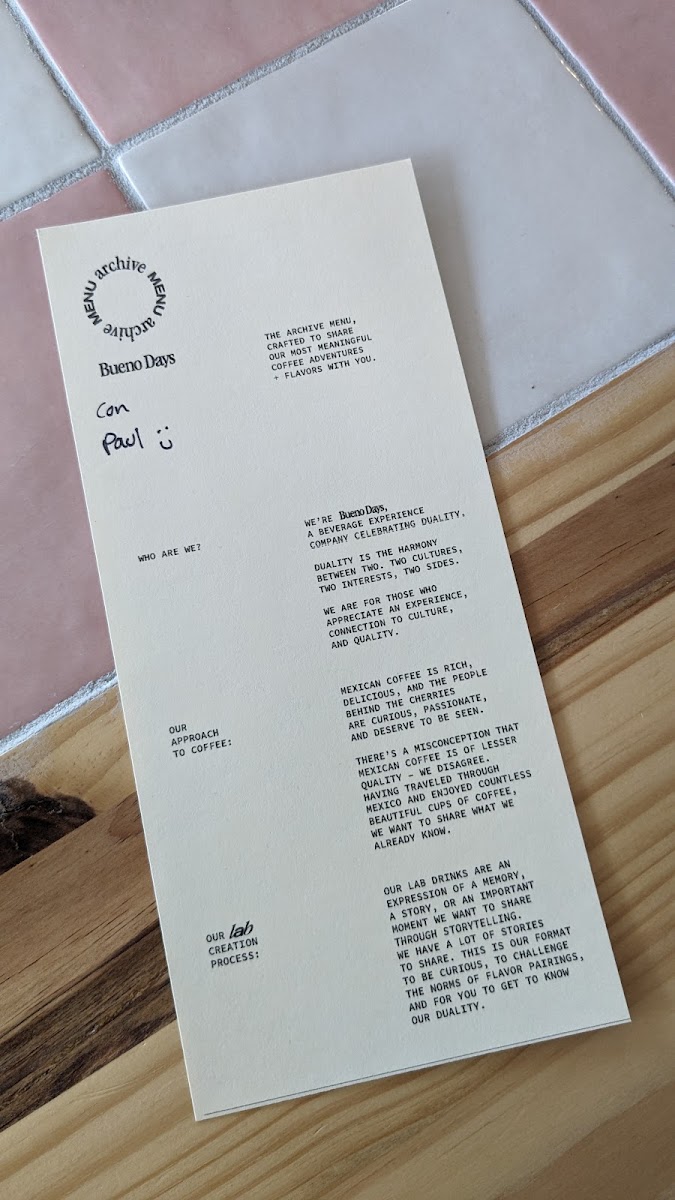 Bueno Days Coffee menu board