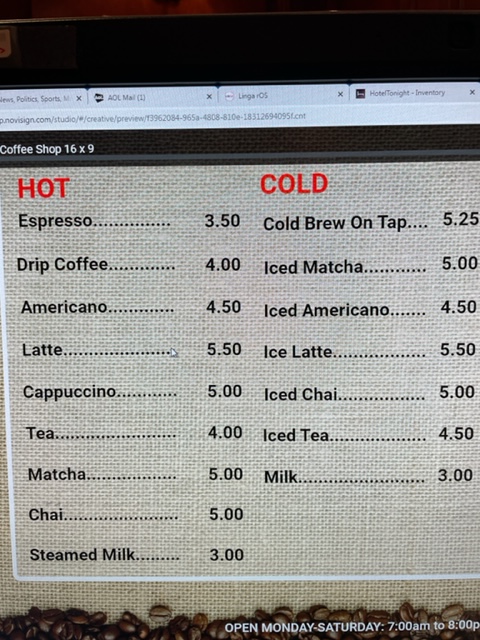 Sweet Corner Coffee and Cakes menu board