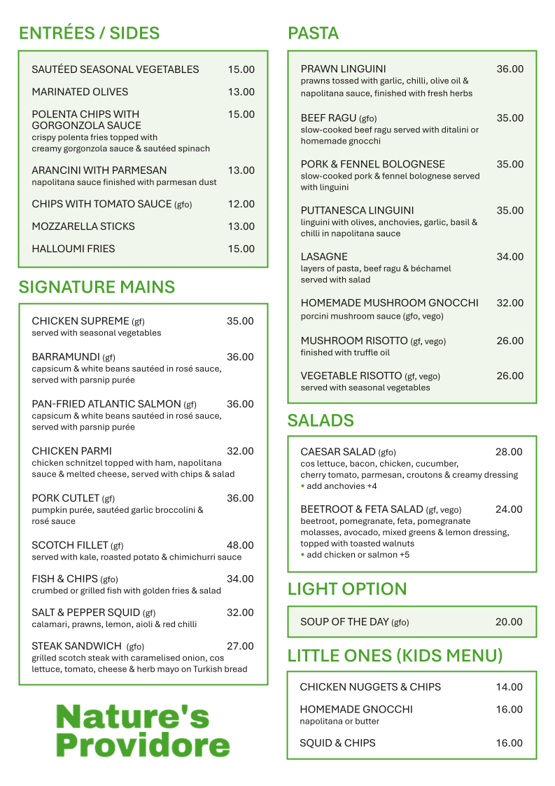 Nature's Providore menu board