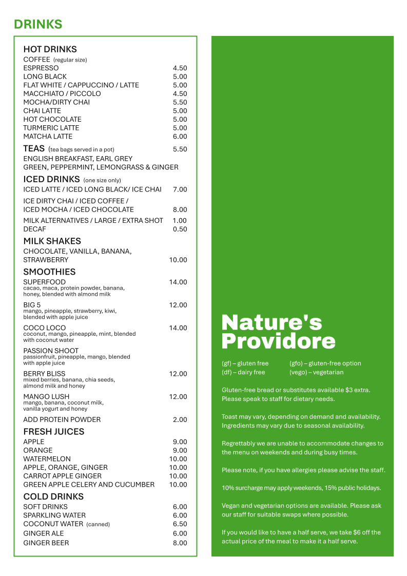 Nature's Providore menu board