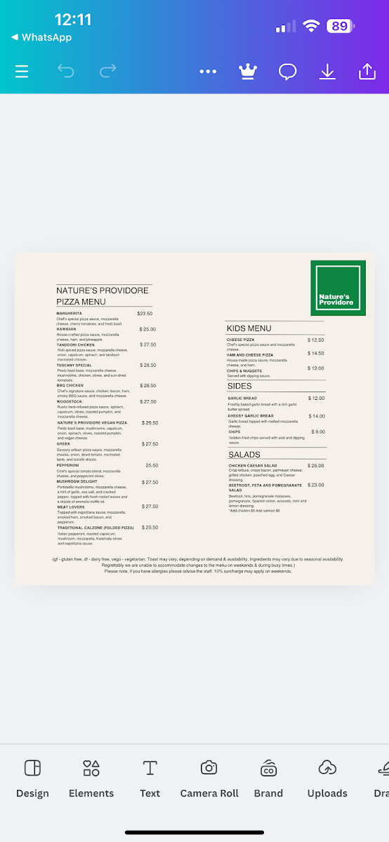 Nature's Providore menu board