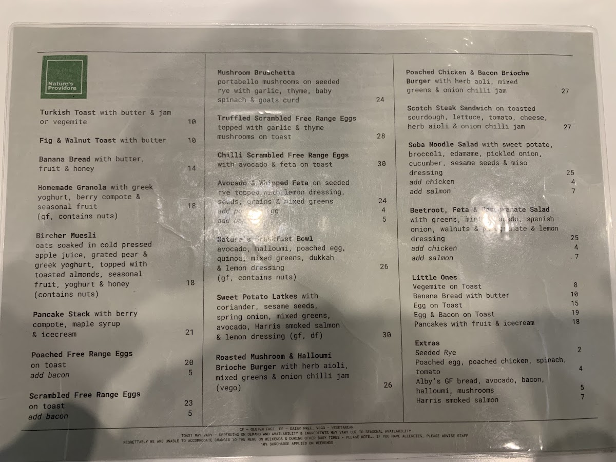 Nature's Providore menu board