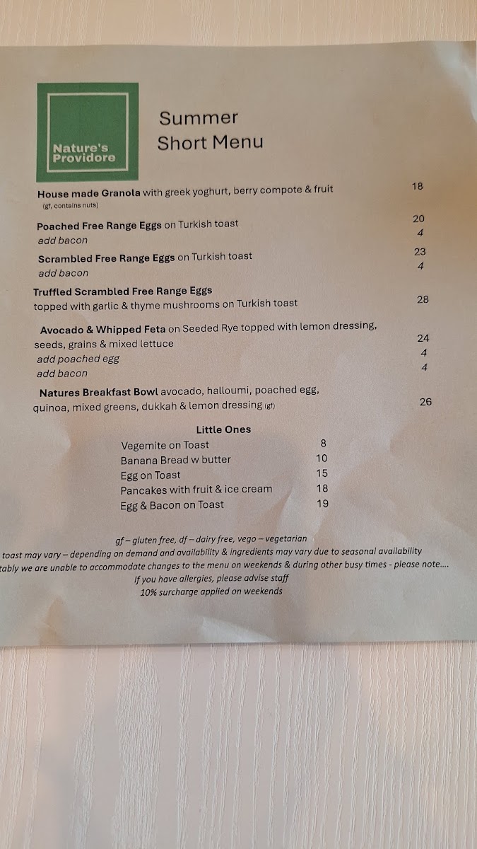 Nature's Providore menu board