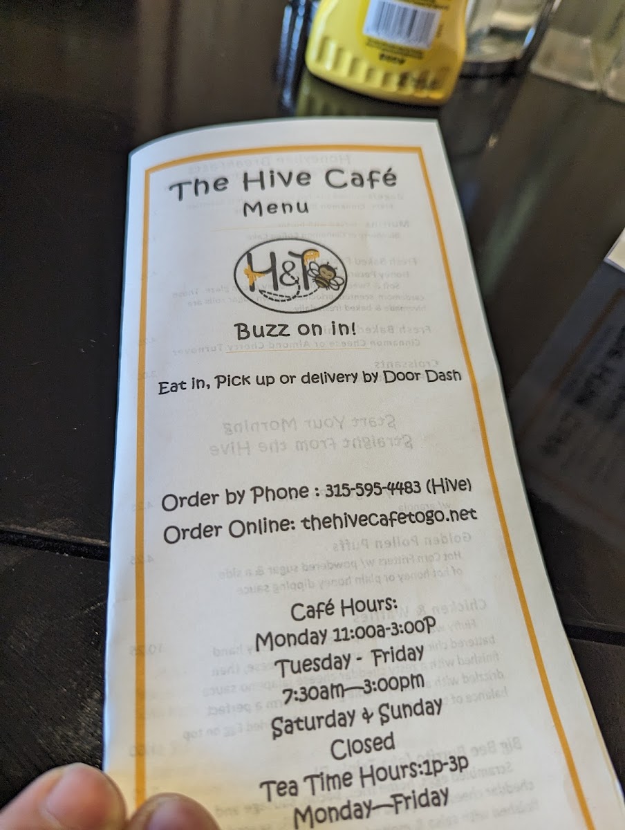 The Hive Cafe at Honey & Things menu board