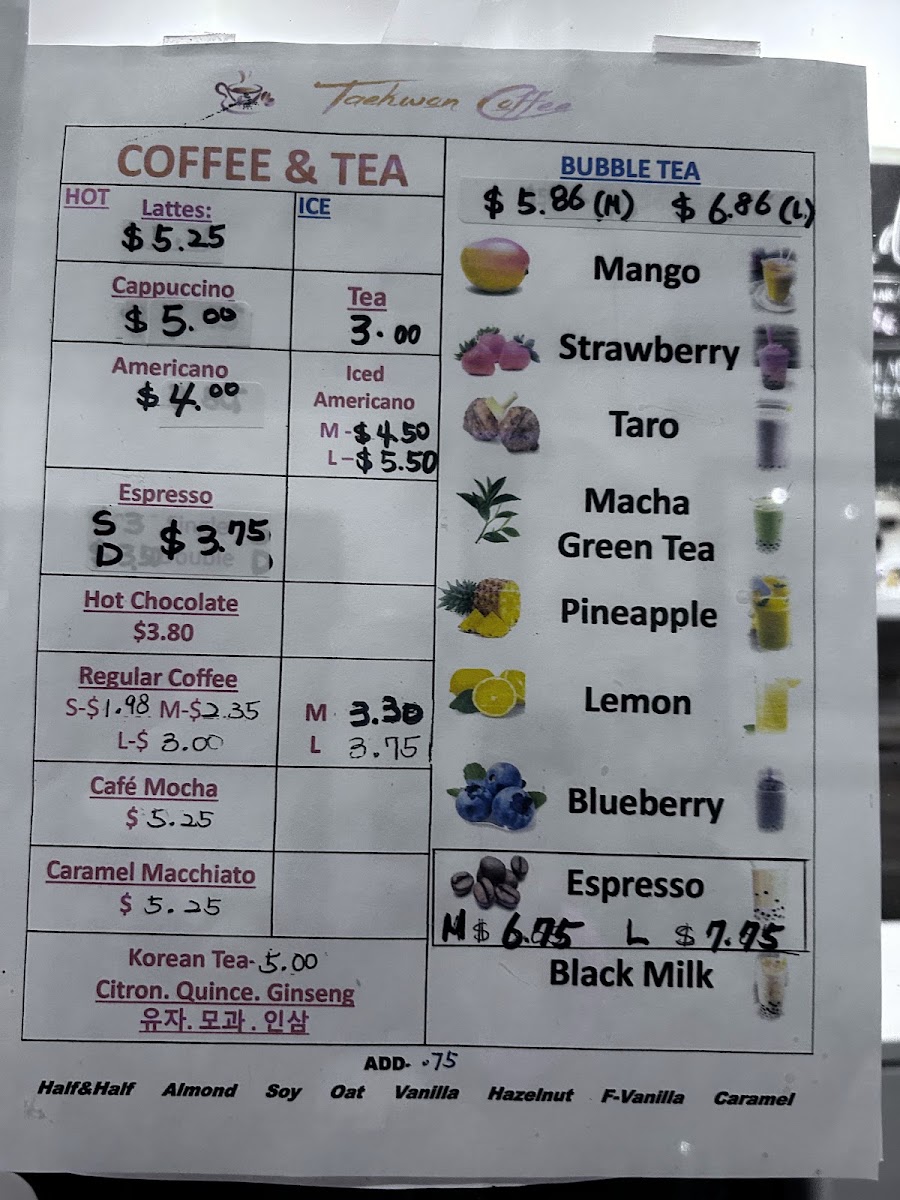 Taekwon Coffee menu board
